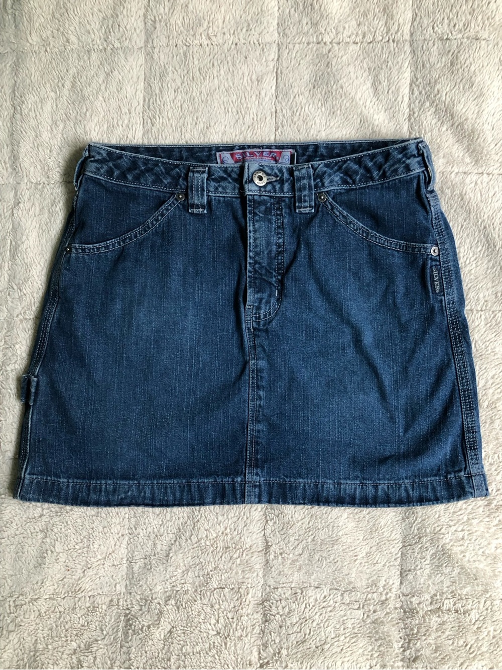 90s Y2K Silver Jeans Dark Wash Denim Carpenter High Rise Mini Skirt